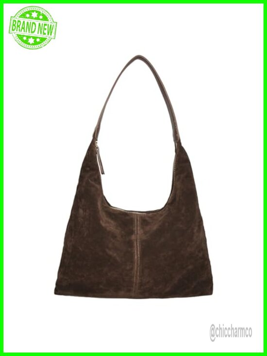 Handbags - Faux Suede Slouchy Hobo Shoulder Bag with Zipper Pockets